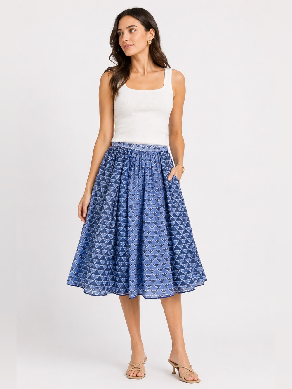 Thierry Colson Pleated Silk Blend Blue White Print Skirt Pattern‎ Size 0 XS Puff